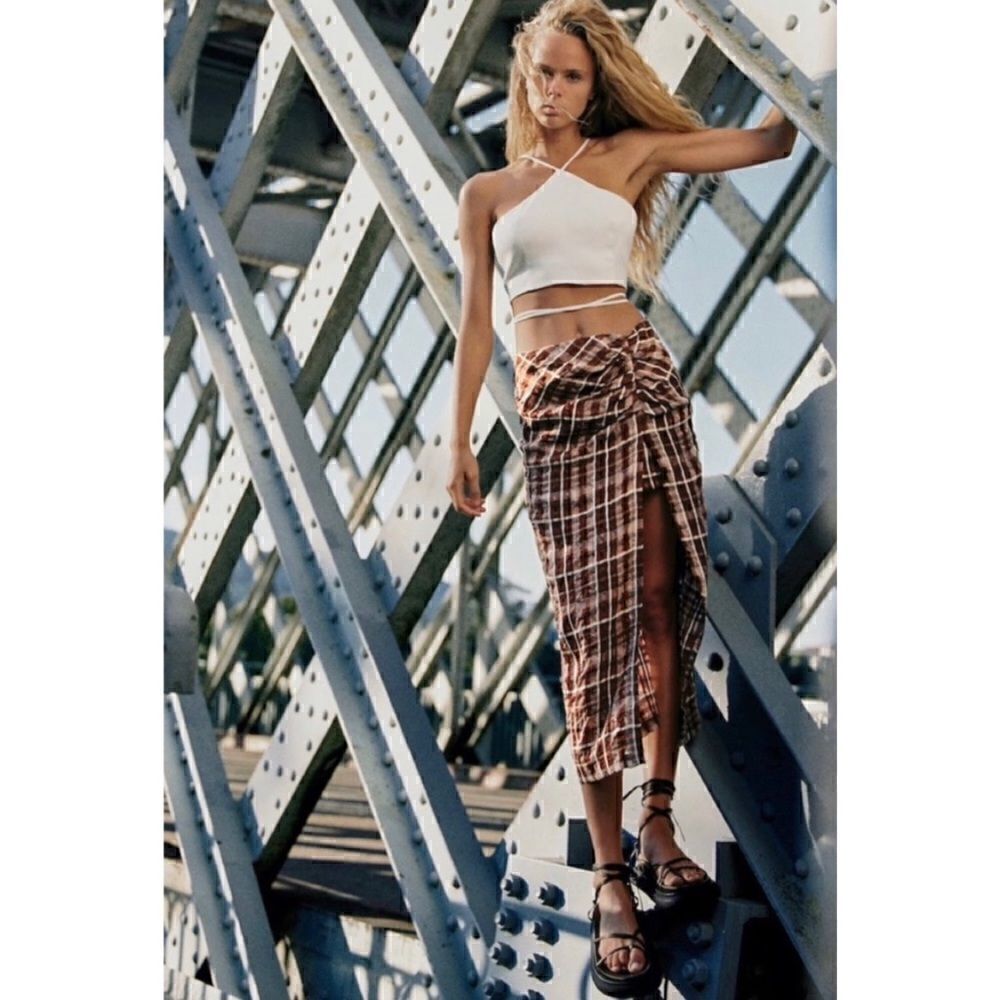 NWT Zara Gauzy Brown Plaid Midi Length Skirt with Side Split and Underskirt, XS